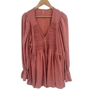 Free People Mauve Flowy Knit Boho Tunic Peplum Top Medium Embroidered Smocked